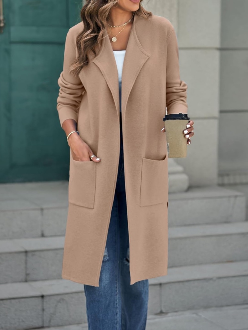 Long Open Front Duster Cardigan - Camel